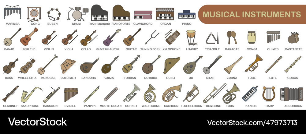 A simple set of colored musical instruments A simple set of colored musical instruments Vector Image