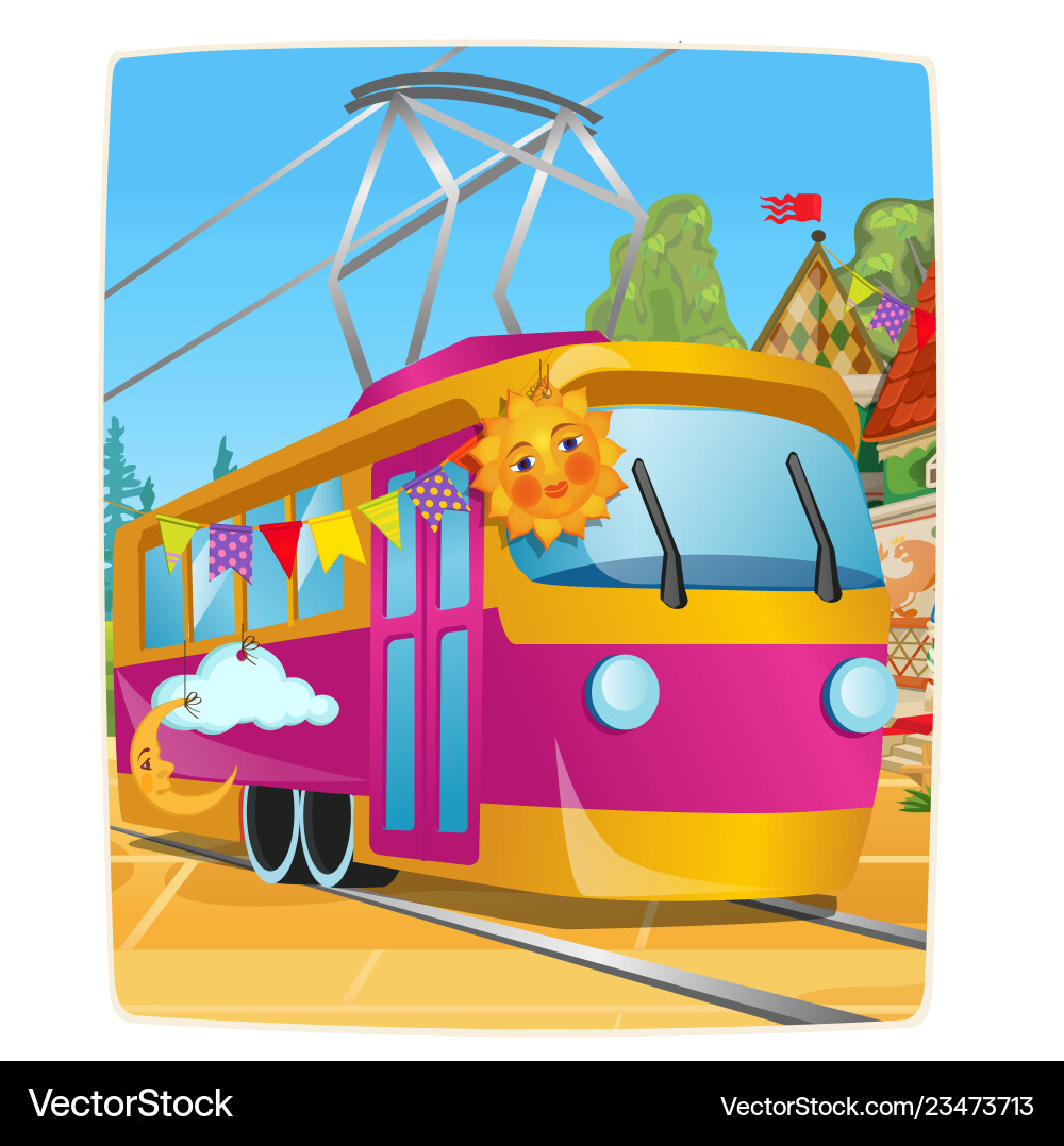 Poster with festively decorated tram car Poster with festively decorated tram car vector image