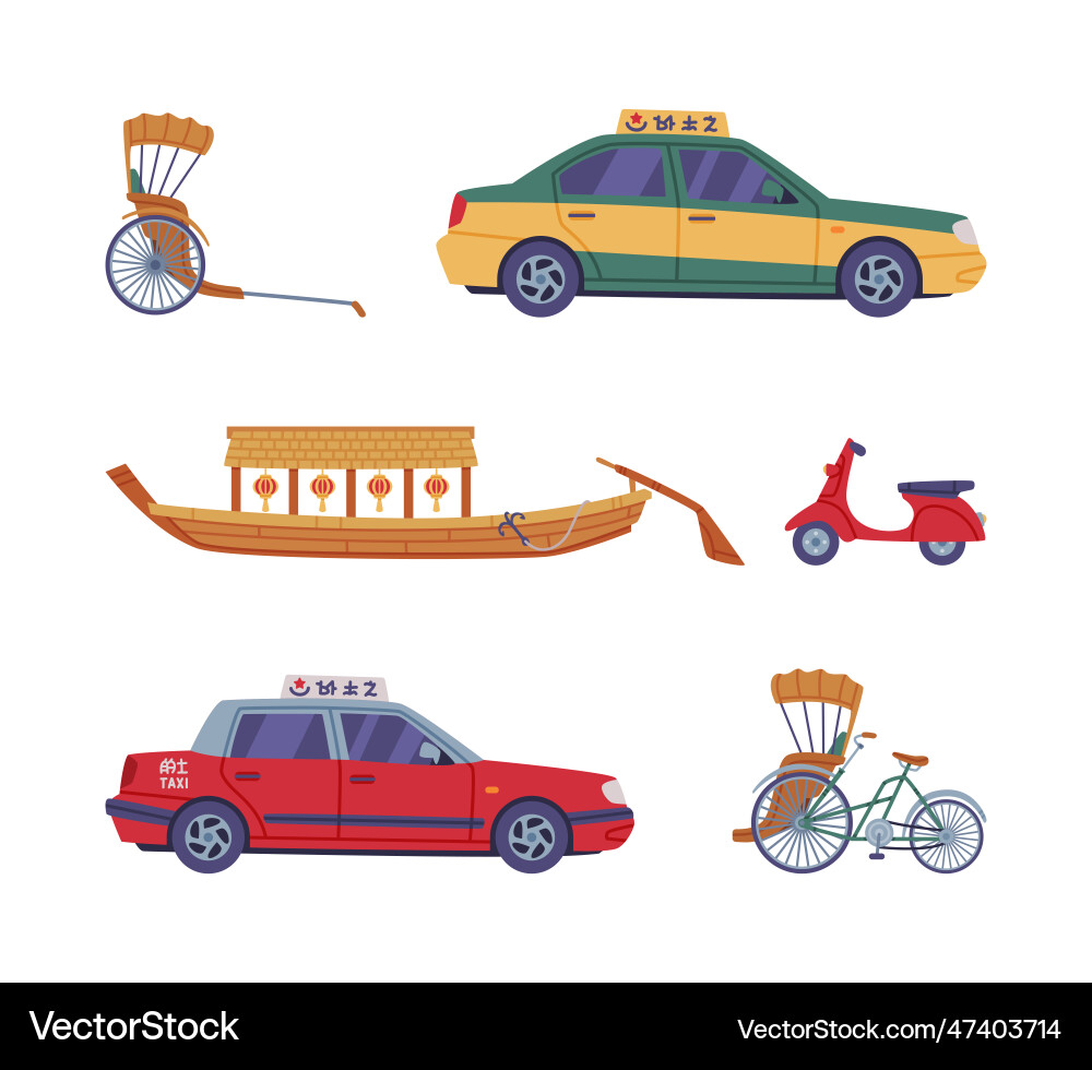 Chinese transportation with cart taxi boat Chinese transportation with cart taxi boat vector image