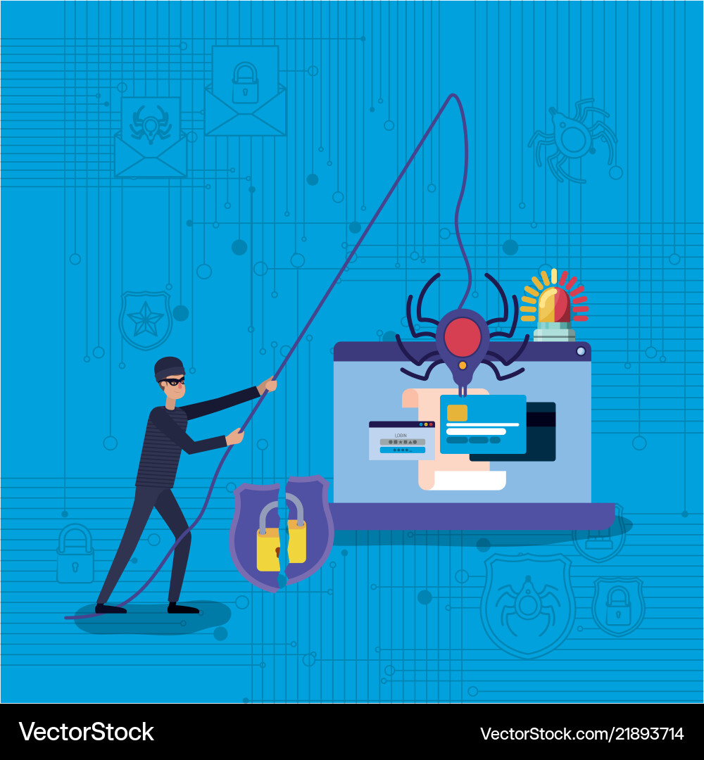 Cyber security with laptop and hacker Cyber security with laptop and hacker vector image
