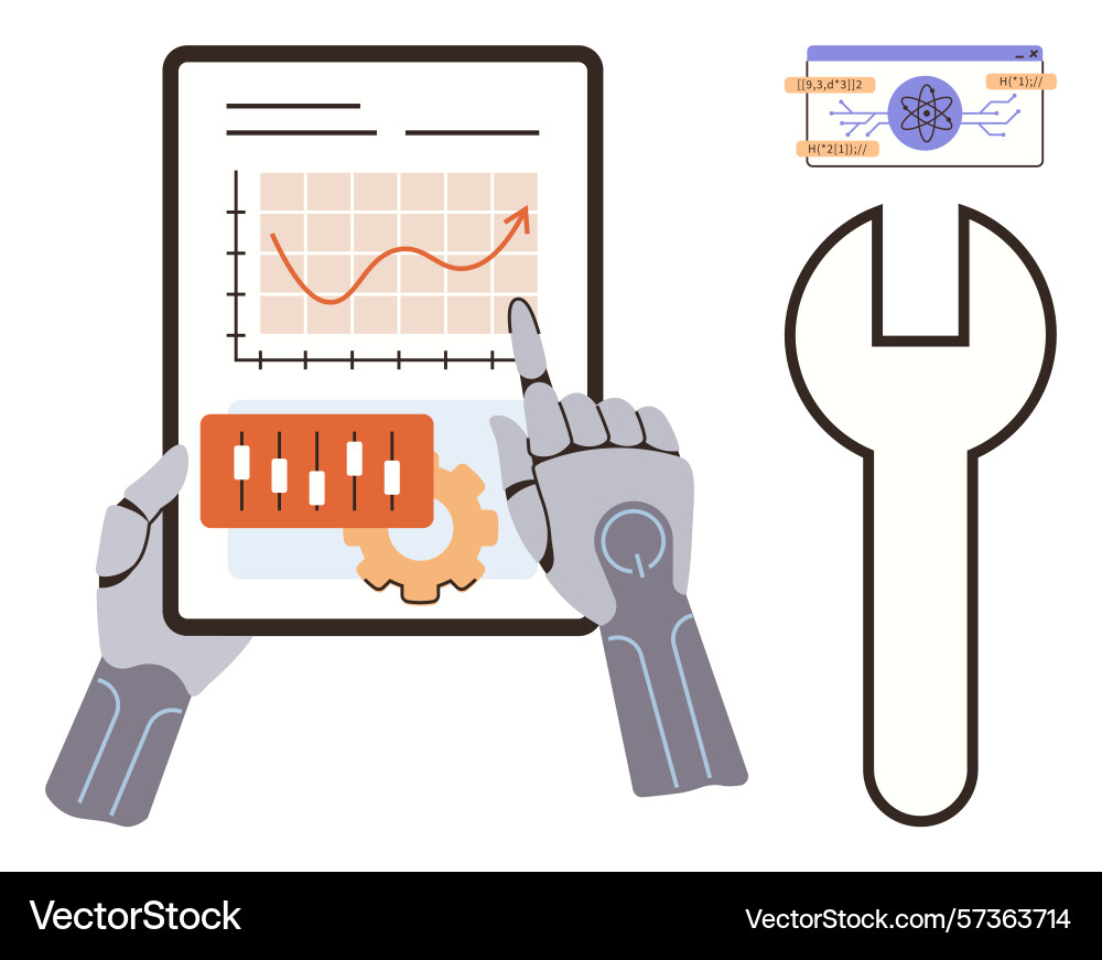 Robotic hands interact with tablet displaying Robotic hands interact with tablet displaying vector image