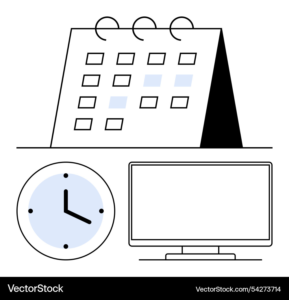 Simplified calendar with clock and computer Simplified calendar with clock and computer vector image