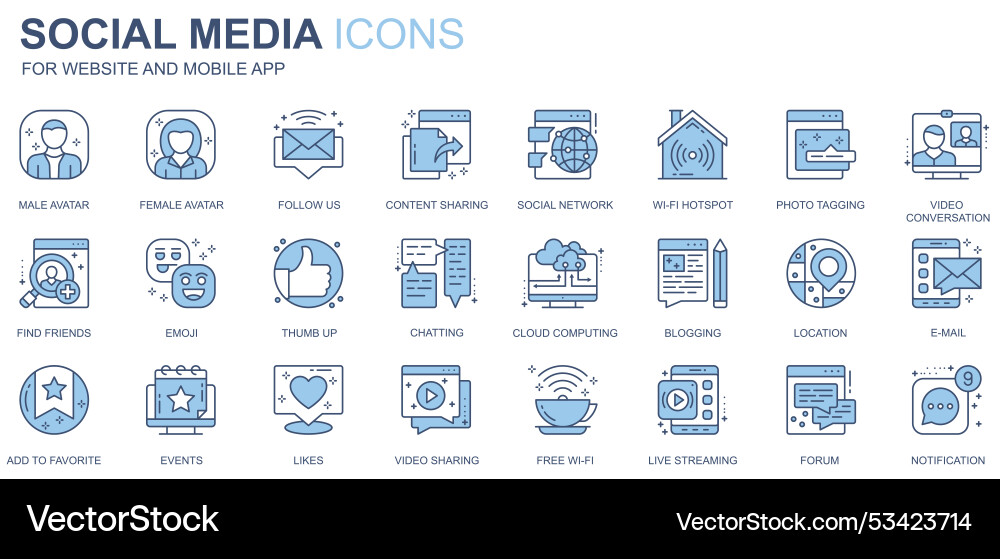 Social media web icons set in duotone line design Social media web icons set in duotone line design vector image