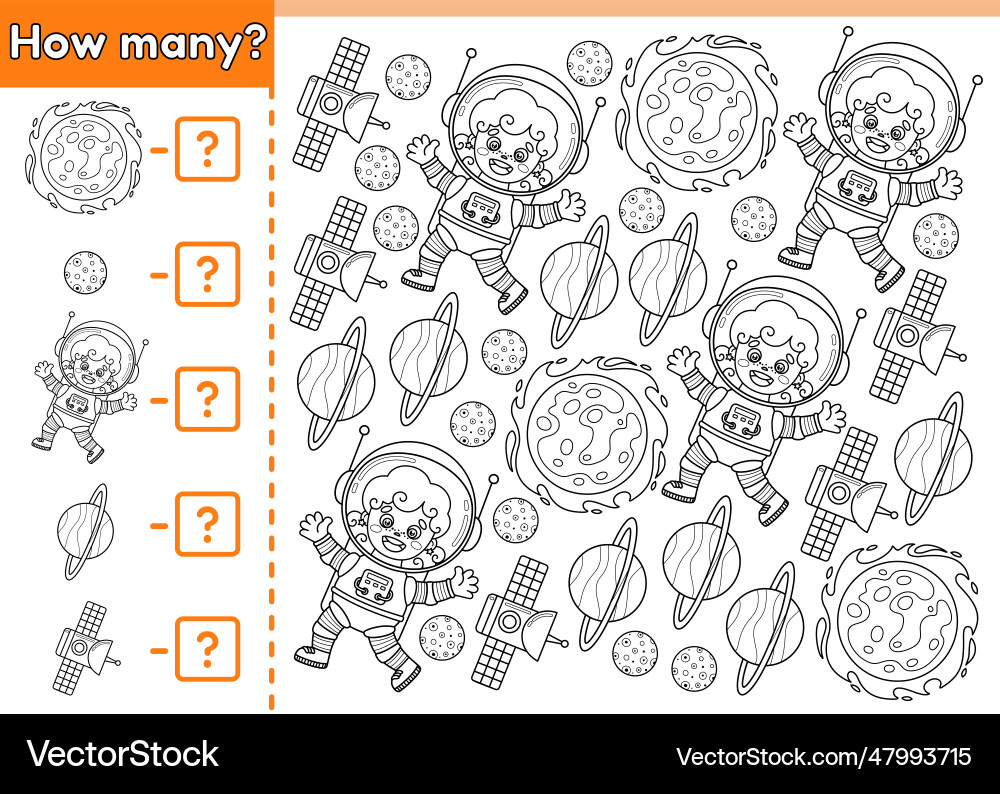 Math counting game how many outline space objects Math counting game how many outline space objects vector image