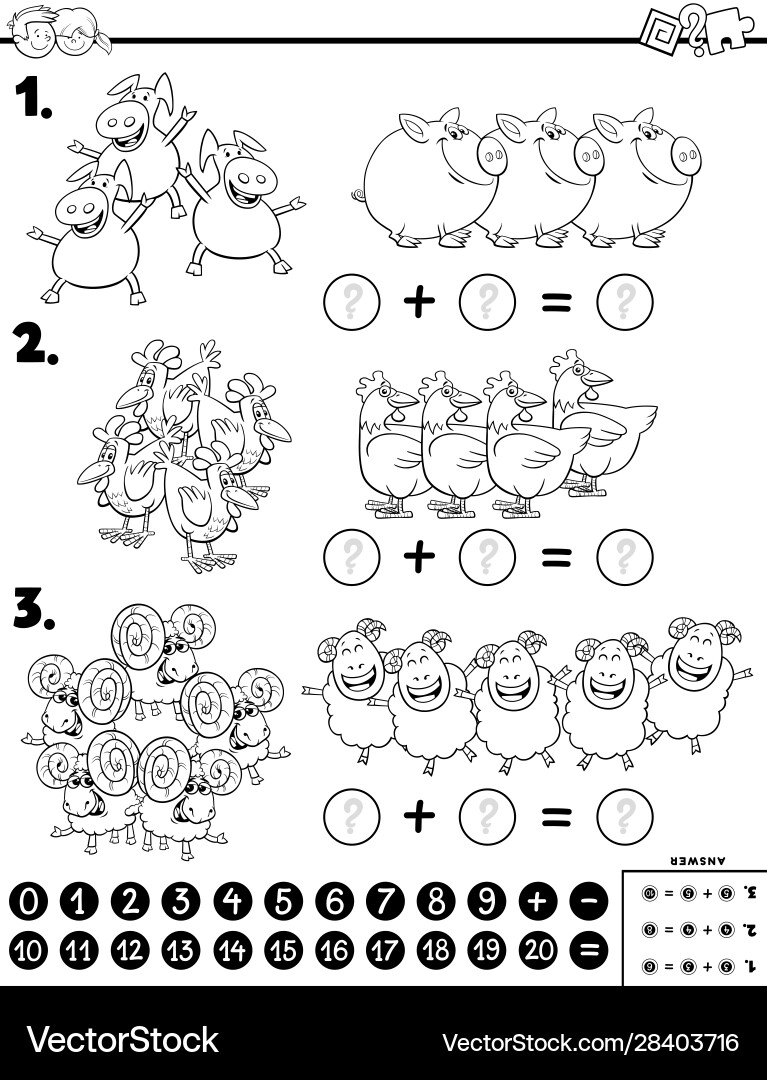 Addition educational task color book with farm Vector Image