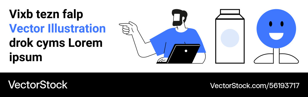 Man with laptop pointing towards objects and blue Vector Image