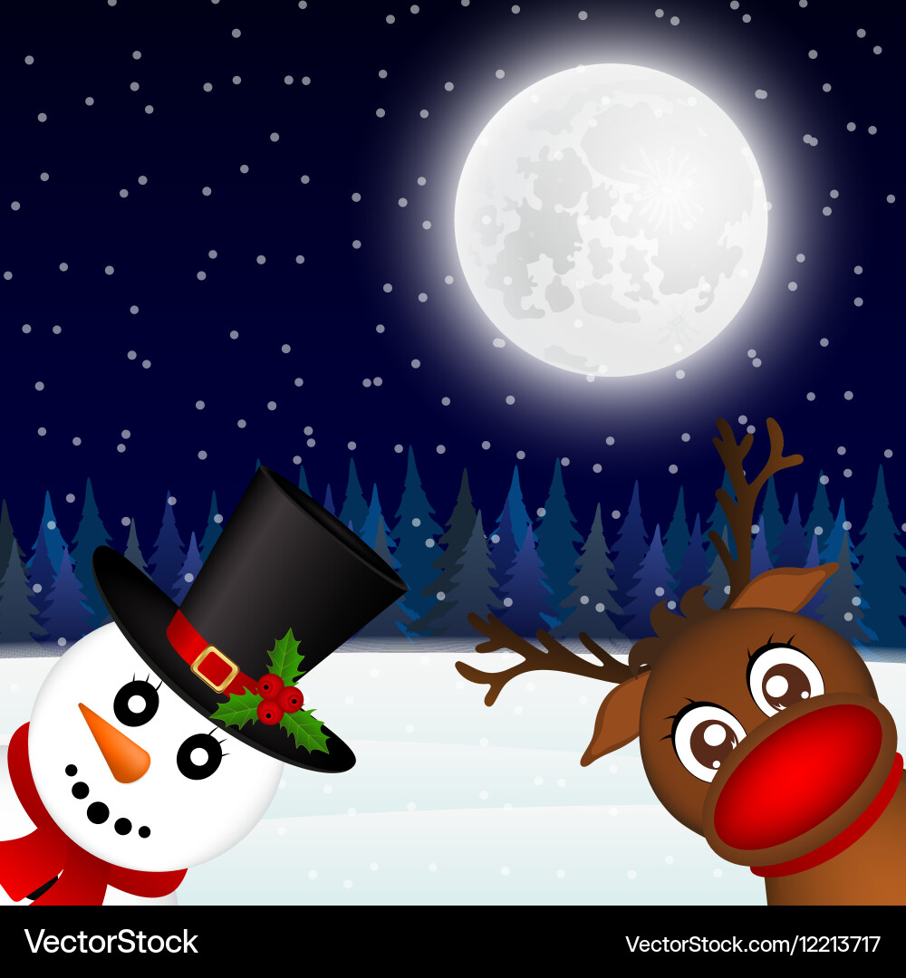 Snowman and reindeer looking in the woods vector image