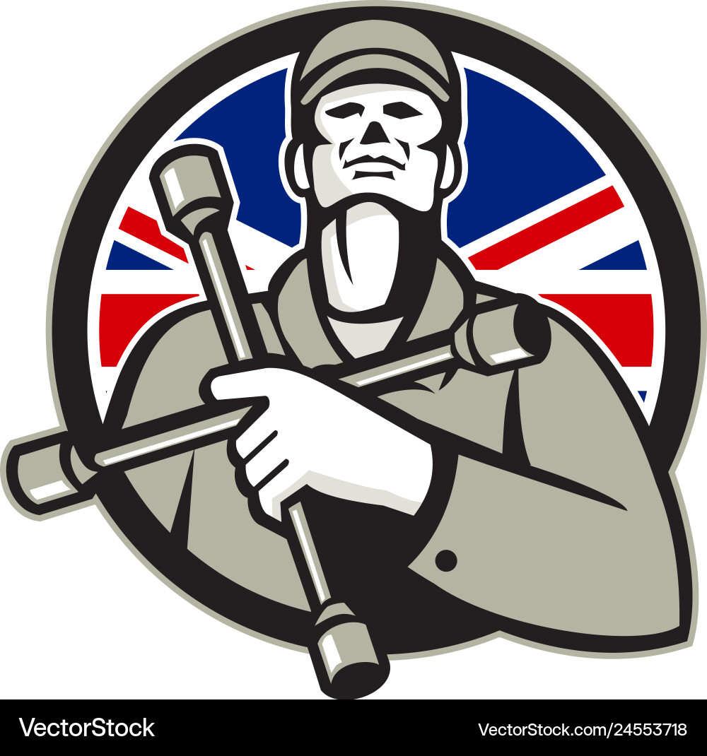British tyre technician lug wrench union jack Vector Image