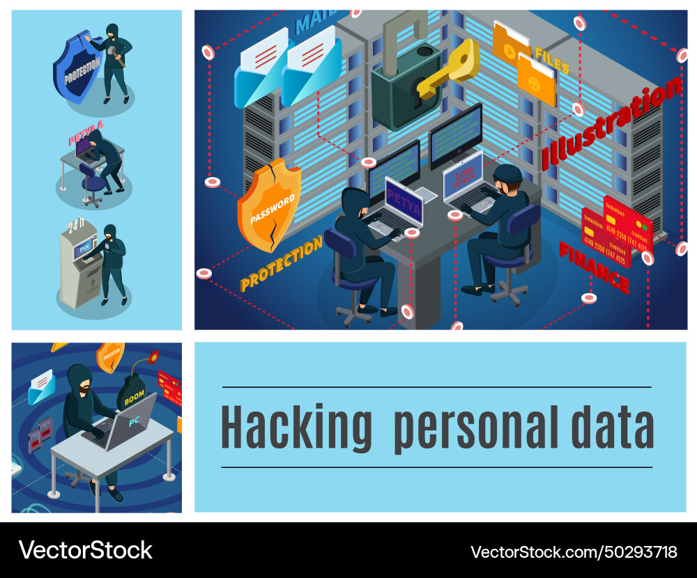 Isometric hacker activity colorful composition Isometric hacker activity colorful composition vector image