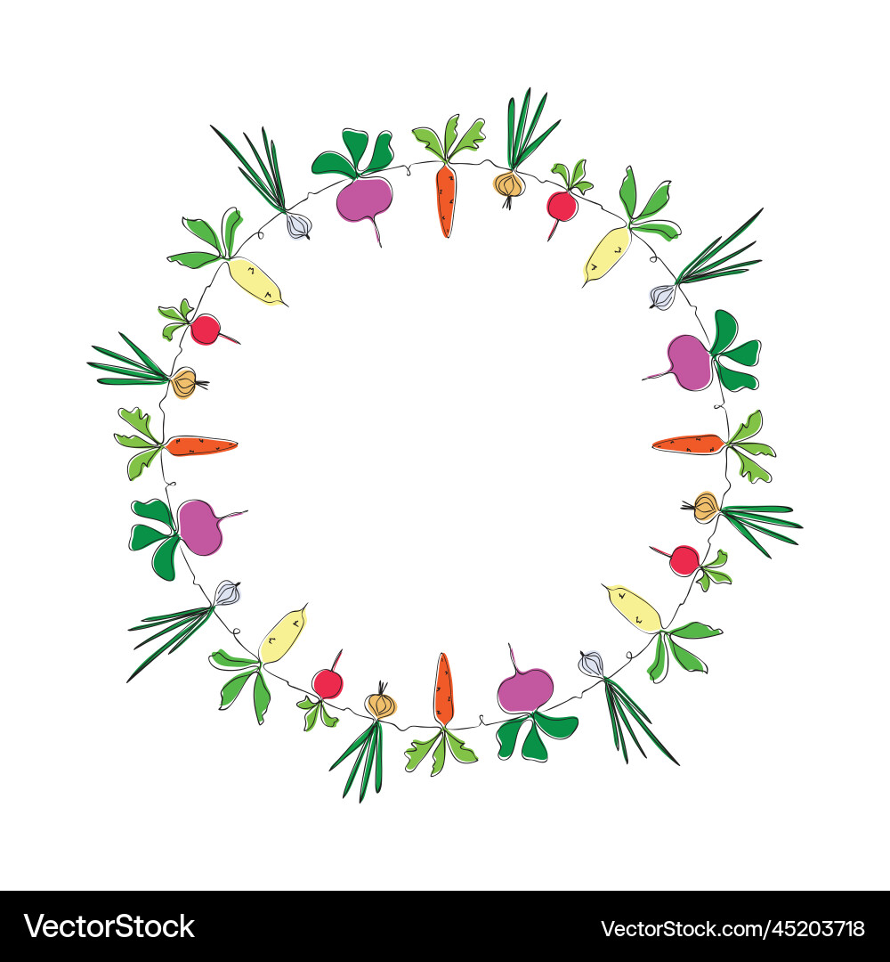 Round frame with vegetables one continuous line Round frame with vegetables one continuous line Vector Image