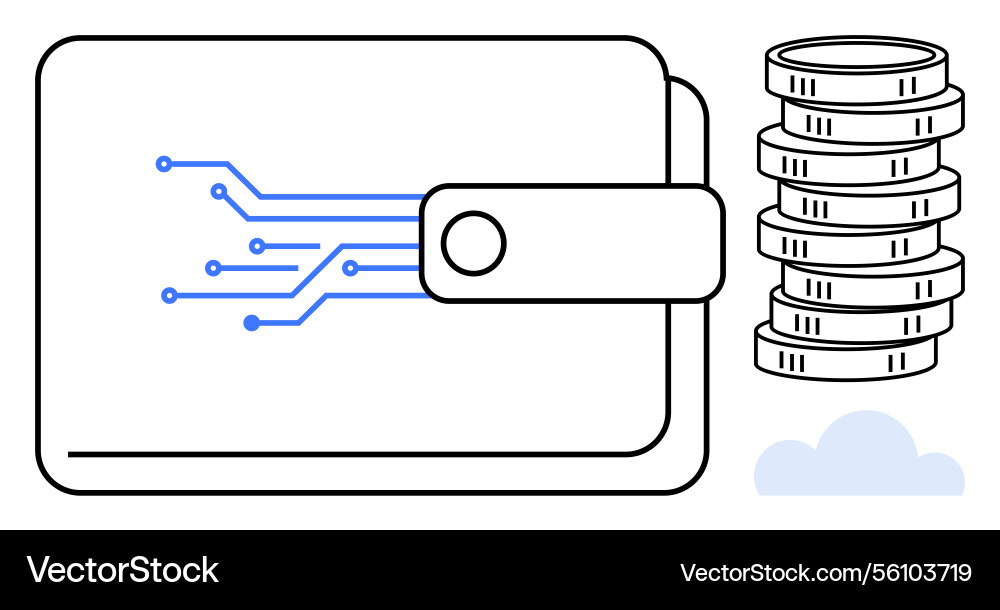 Digital wallet with circuitry design next to stack Digital wallet with circuitry design next to stack vector image