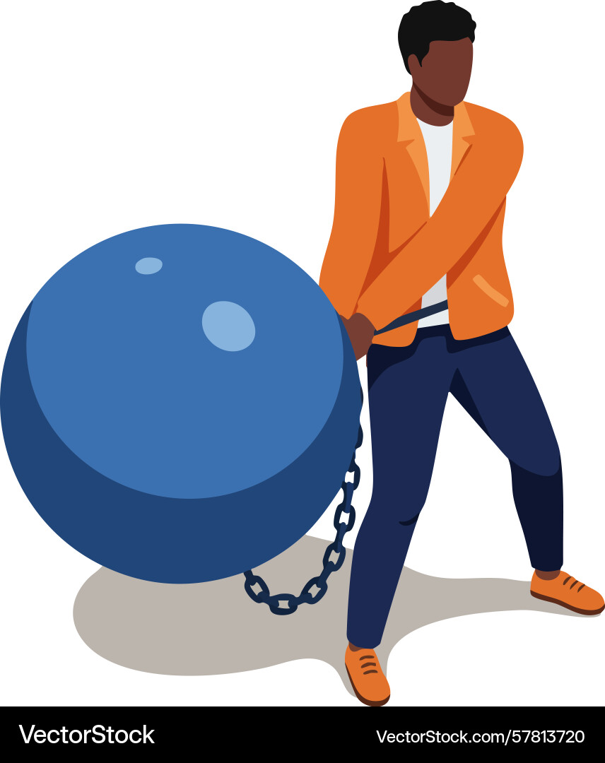 Man struggling to move large blue ball and chain Vector Image