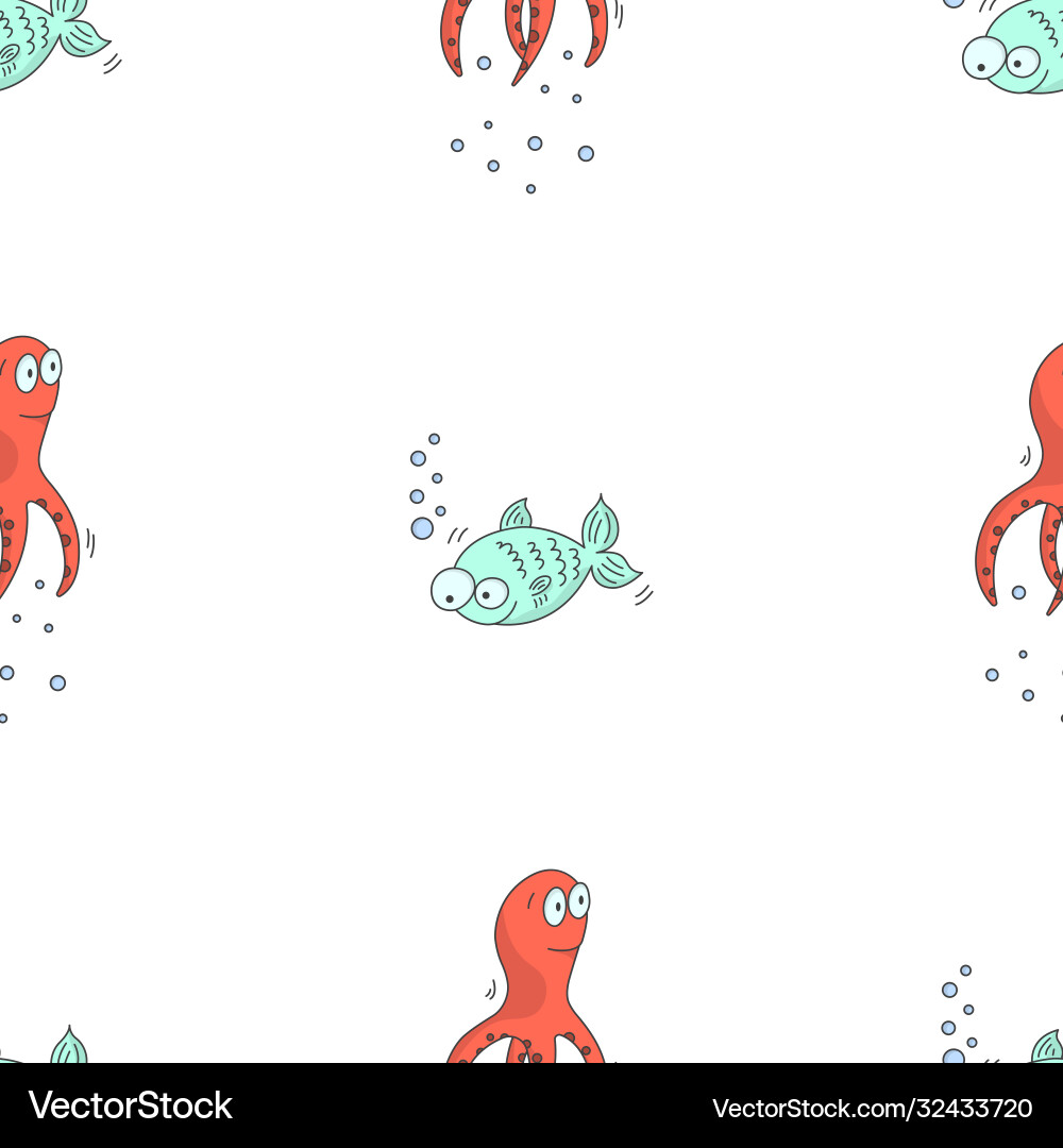 Seamless pattern with cartoon octopuses and fish Vector Image