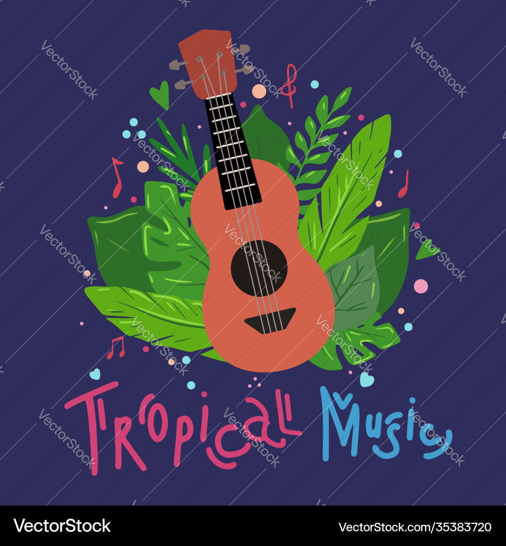 Tropical music cartoon ukulele with Tropical music cartoon ukulele with vector image