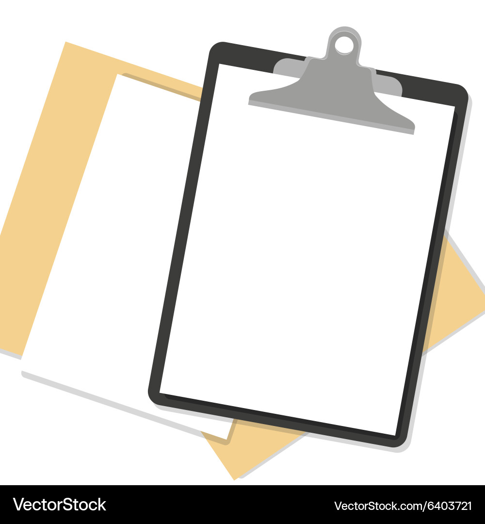 Flat clipboard with paper sheets on desk vector image