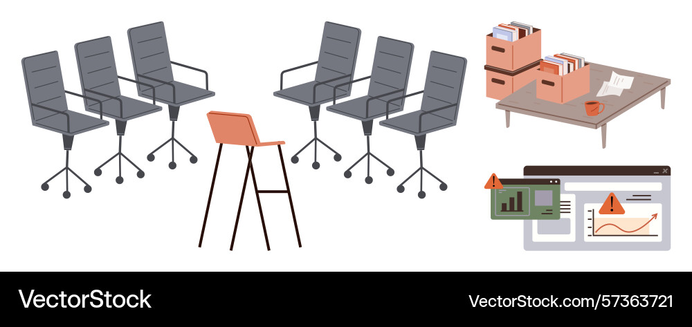 Office chairs desk with files and error warning Office chairs desk with files and error warning vector image