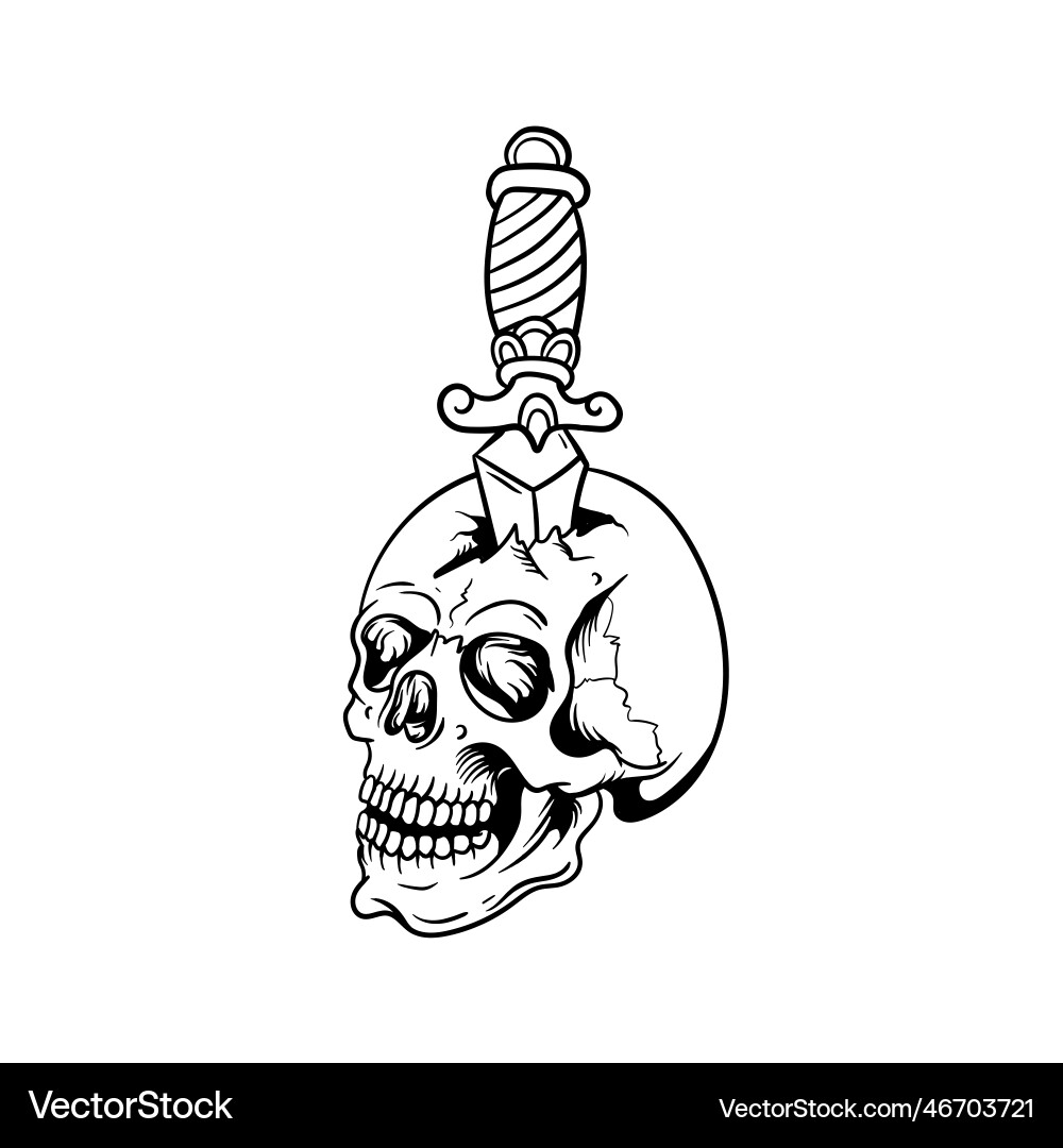 Skull head stuck with a dagger outline Vector Image