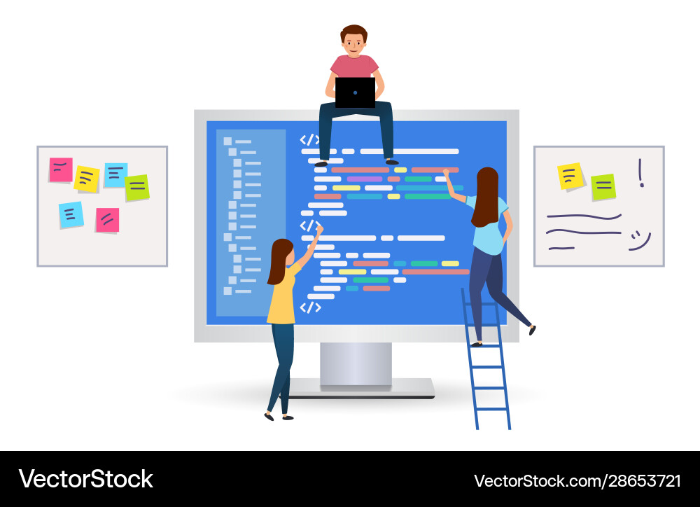Team writes code programming for a game app Team writes code programming for a game app Vector Image