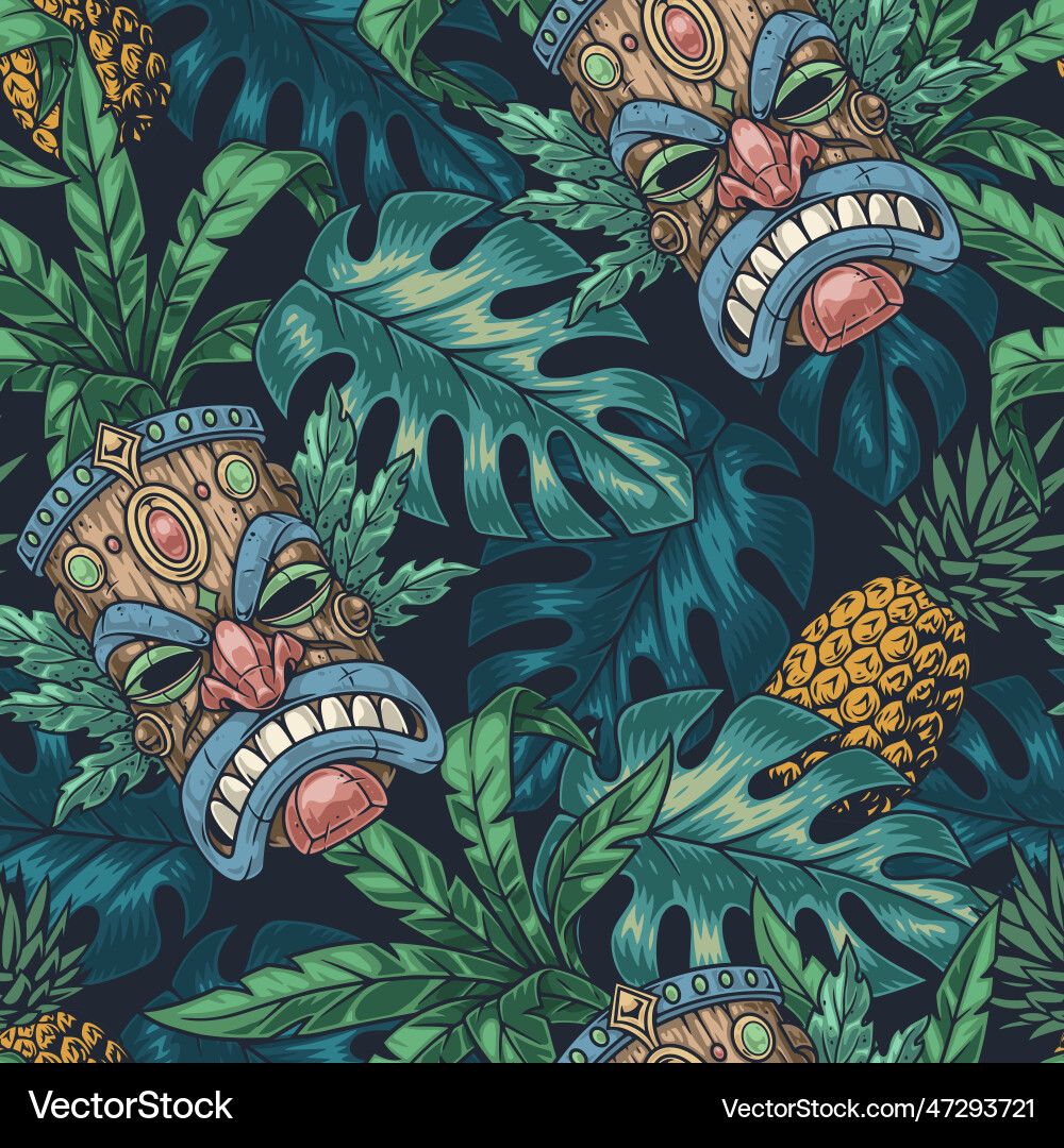 Tiki masks colorful pattern seamless Tiki masks colorful pattern seamless vector image