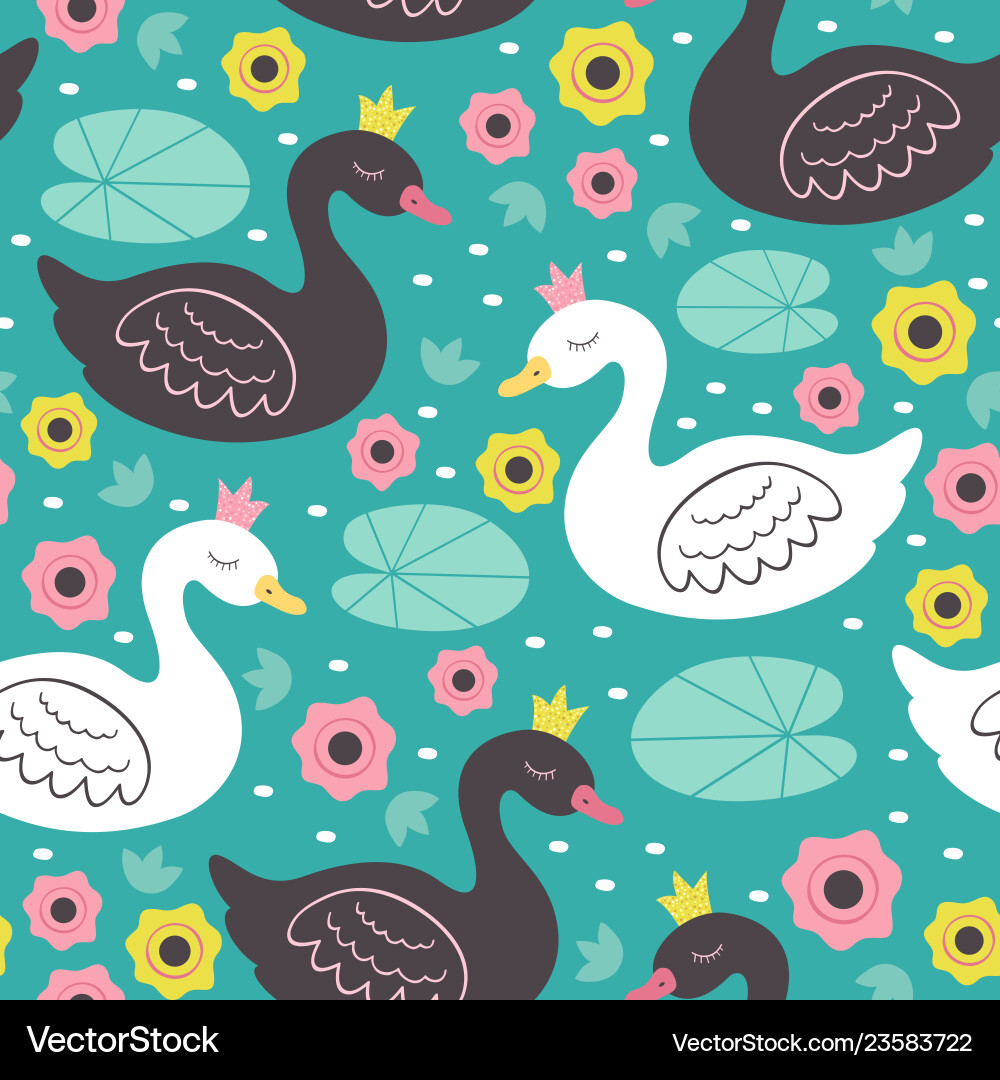 Seamless pattern white and black princess swan