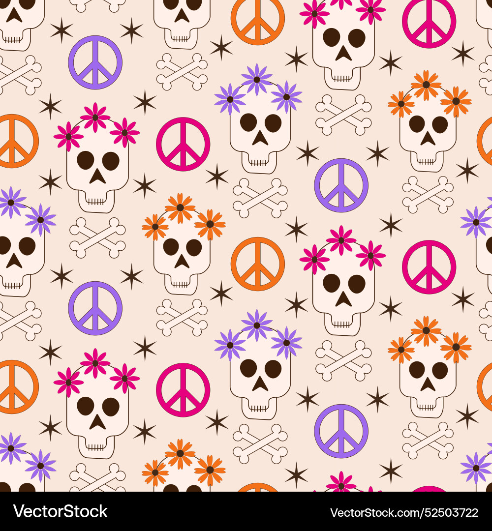 Skull with groovy flowers seamless pattern Skull with groovy flowers seamless pattern vector image