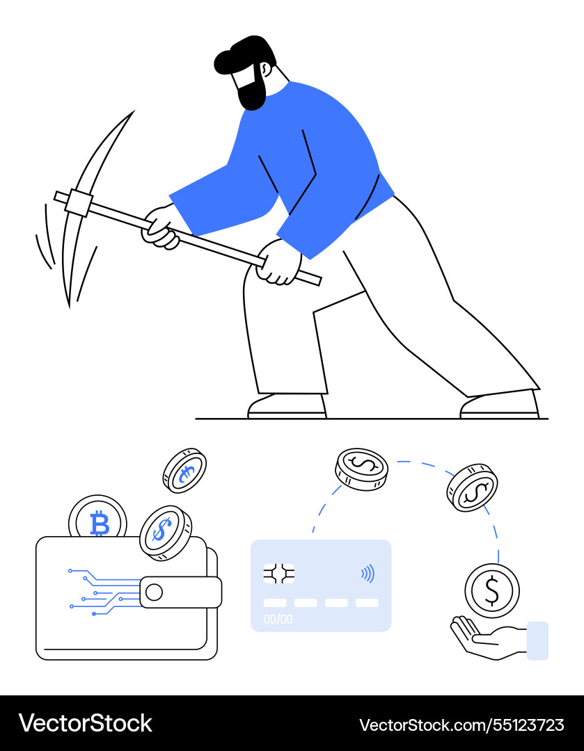 Man mining cryptocurrency with pickaxe and digital Man mining cryptocurrency with pickaxe and digital vector image