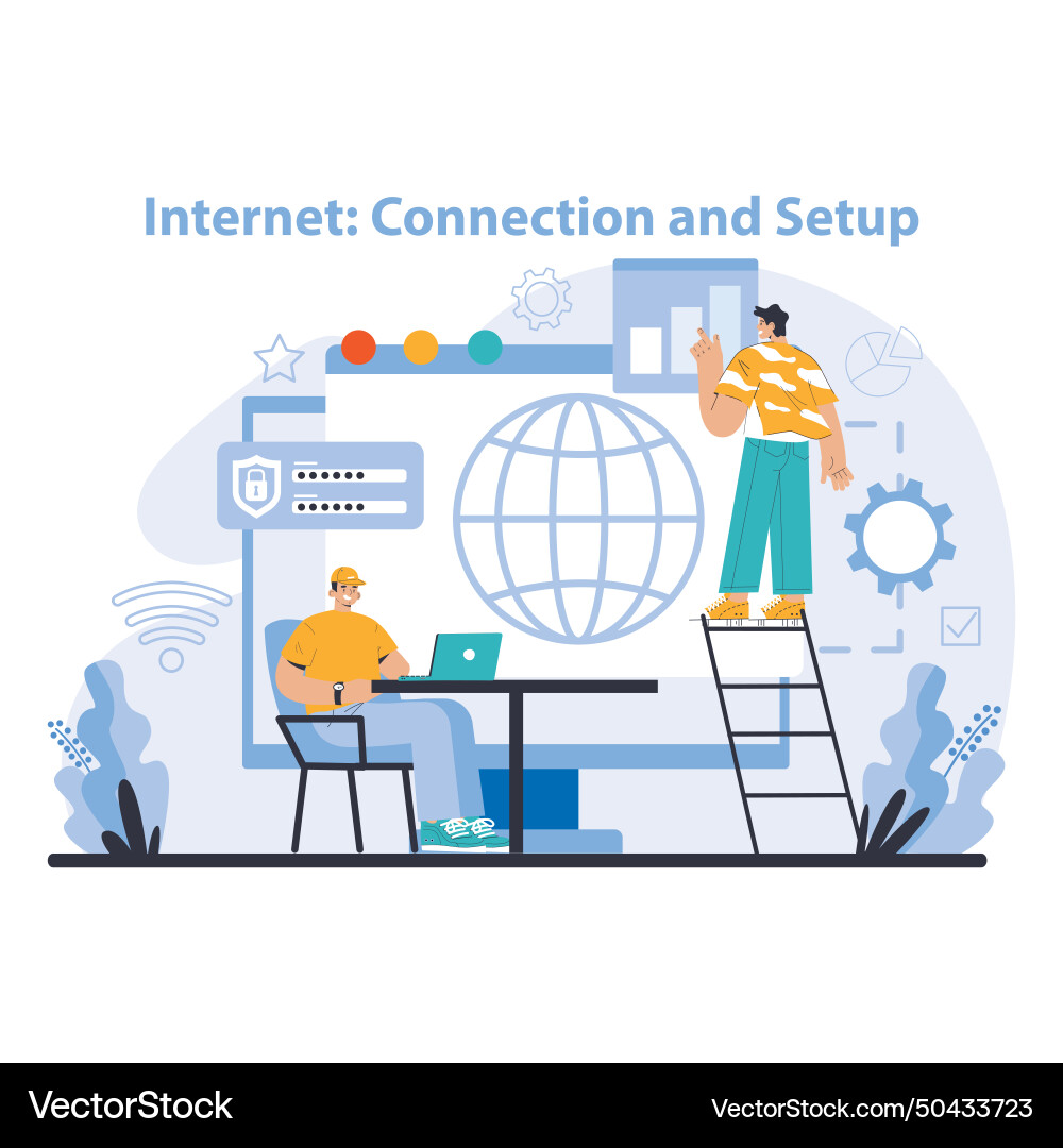 Wi-fi network specialist setting up developing Vector Image