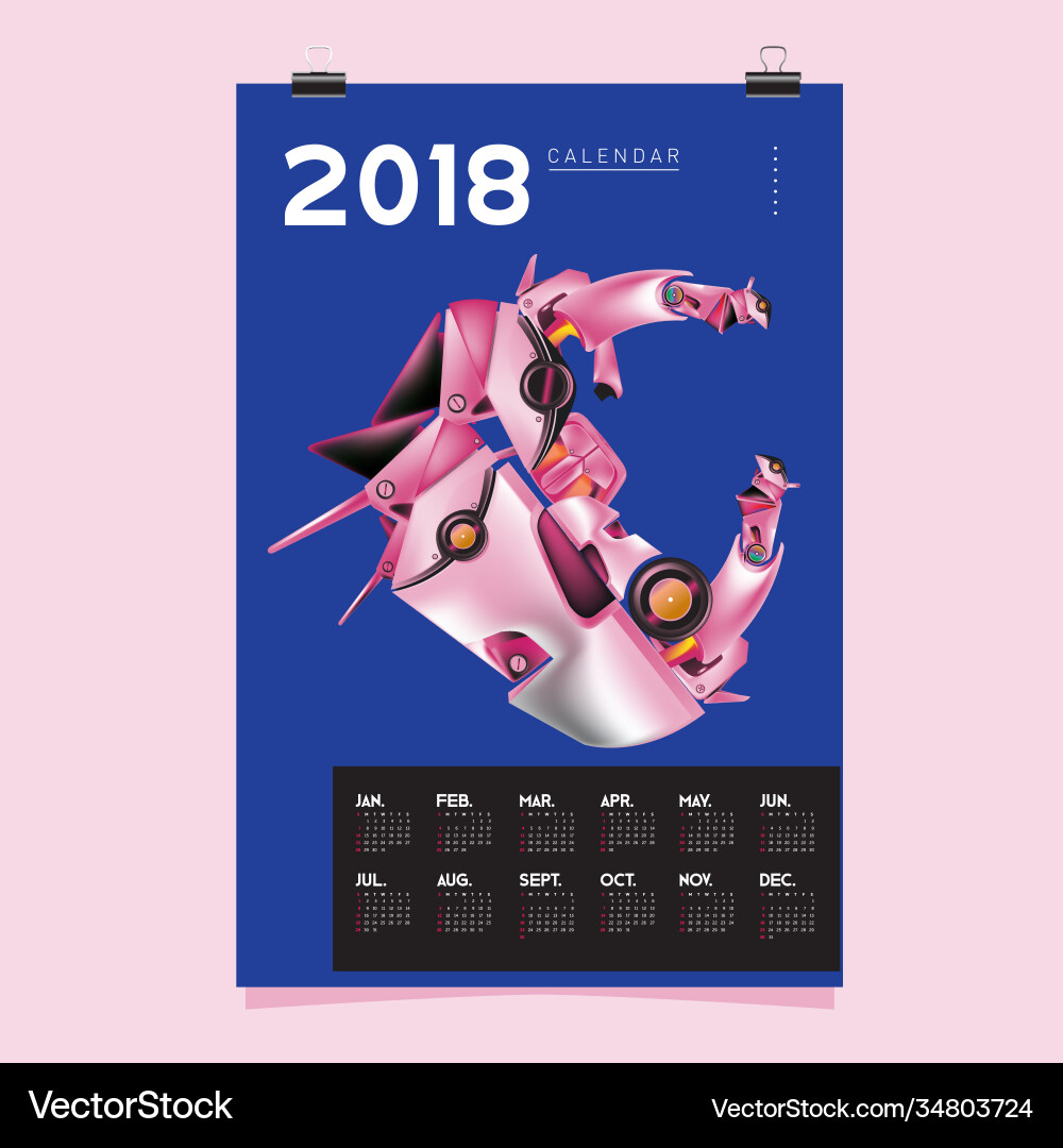 2018 calendar design template 3d realistic robot vector image