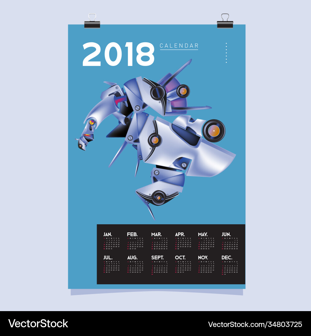 2018 calendar design template 3d realistic robot 2018 calendar design template 3d realistic robot vector image
