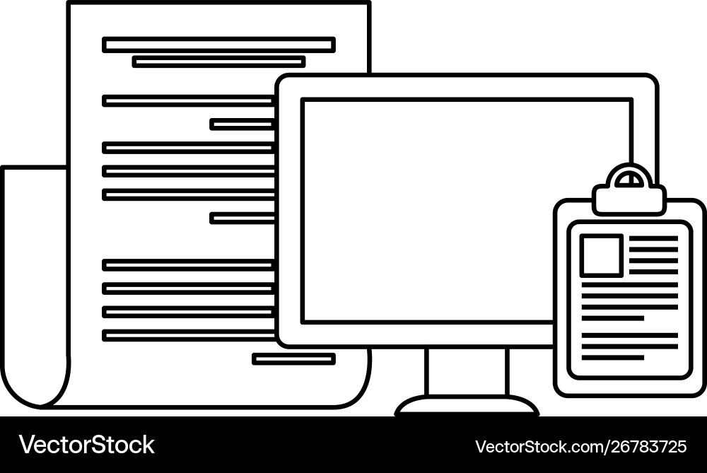 Desktop computer with paper document vector image