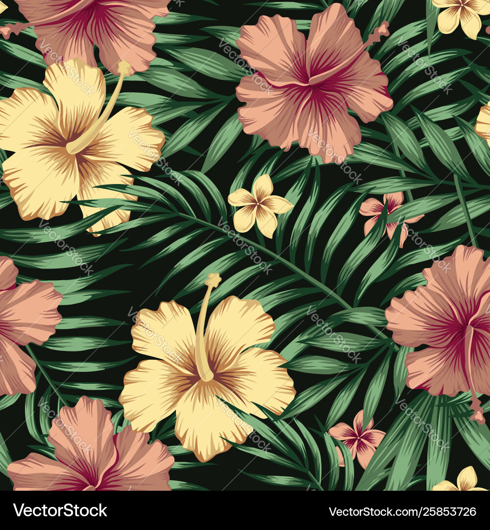 Golden burgundy hibiscus plumeria leaves seamless Golden burgundy hibiscus plumeria leaves seamless vector image