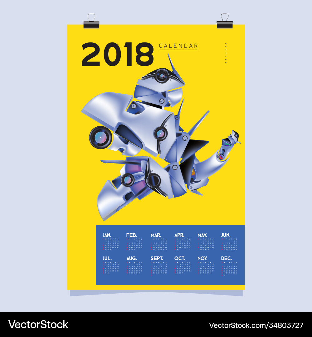 2018 calendar design template 3d realistic robot Vector Image