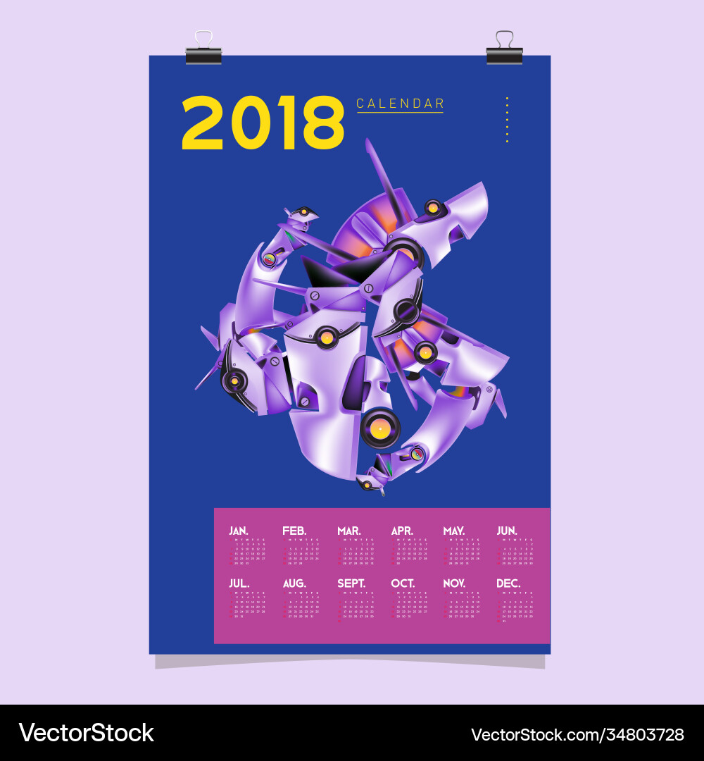 2018 calendar design template 3d realistic robot 2018 calendar design template 3d realistic robot vector image