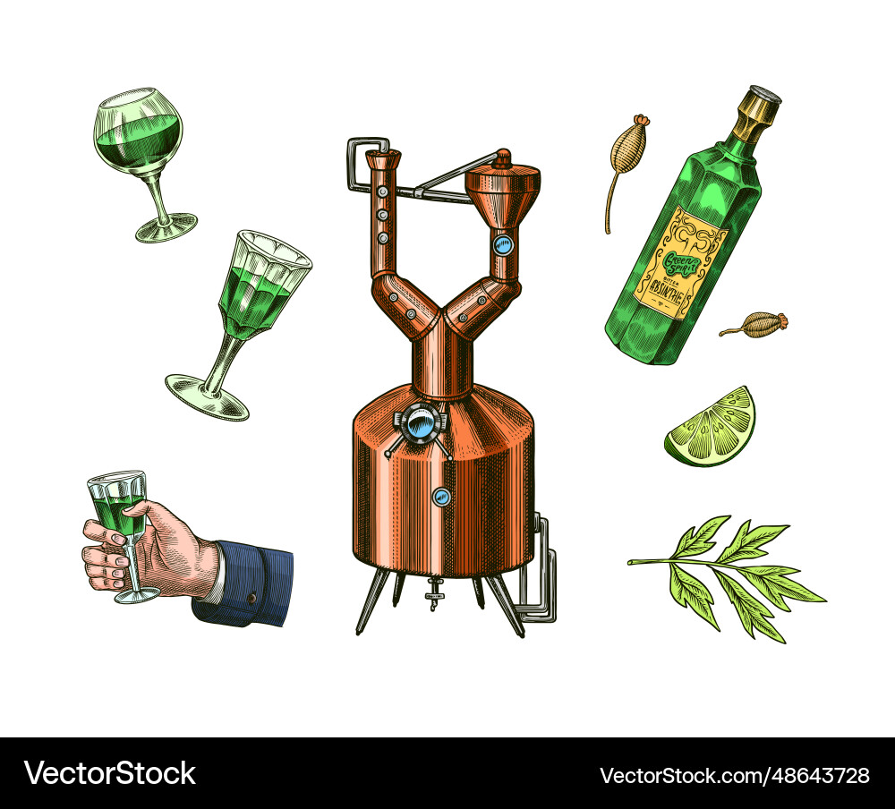Bottle of absinthe glass shot woman holding Bottle of absinthe glass shot woman holding vector image