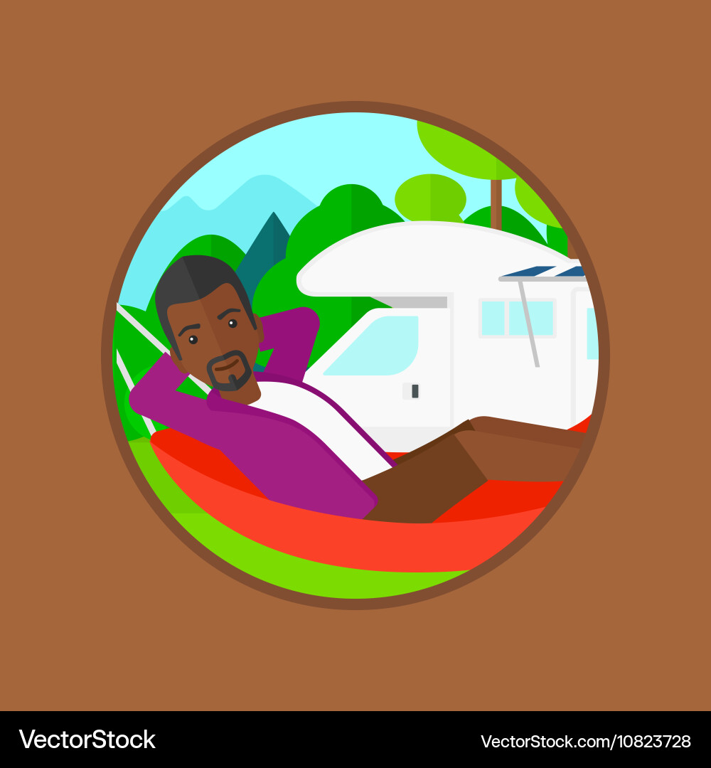 Man lying in hammock front of motor home vector image