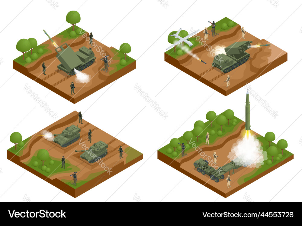 Military war set isometric rocket salvo fire Military war set isometric rocket salvo fire vector image
