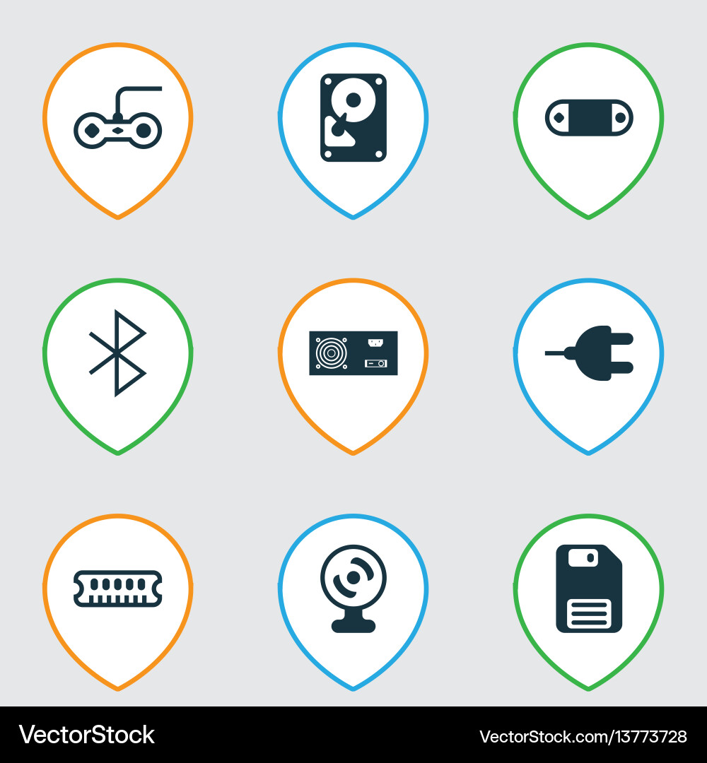Set of 9 computer hardware icons includes Set of 9 computer hardware icons includes vector image