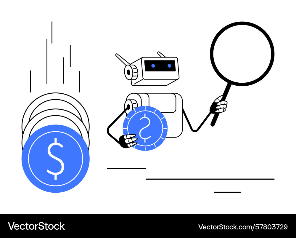 Robot analyzing falling coins with magnifying vector image