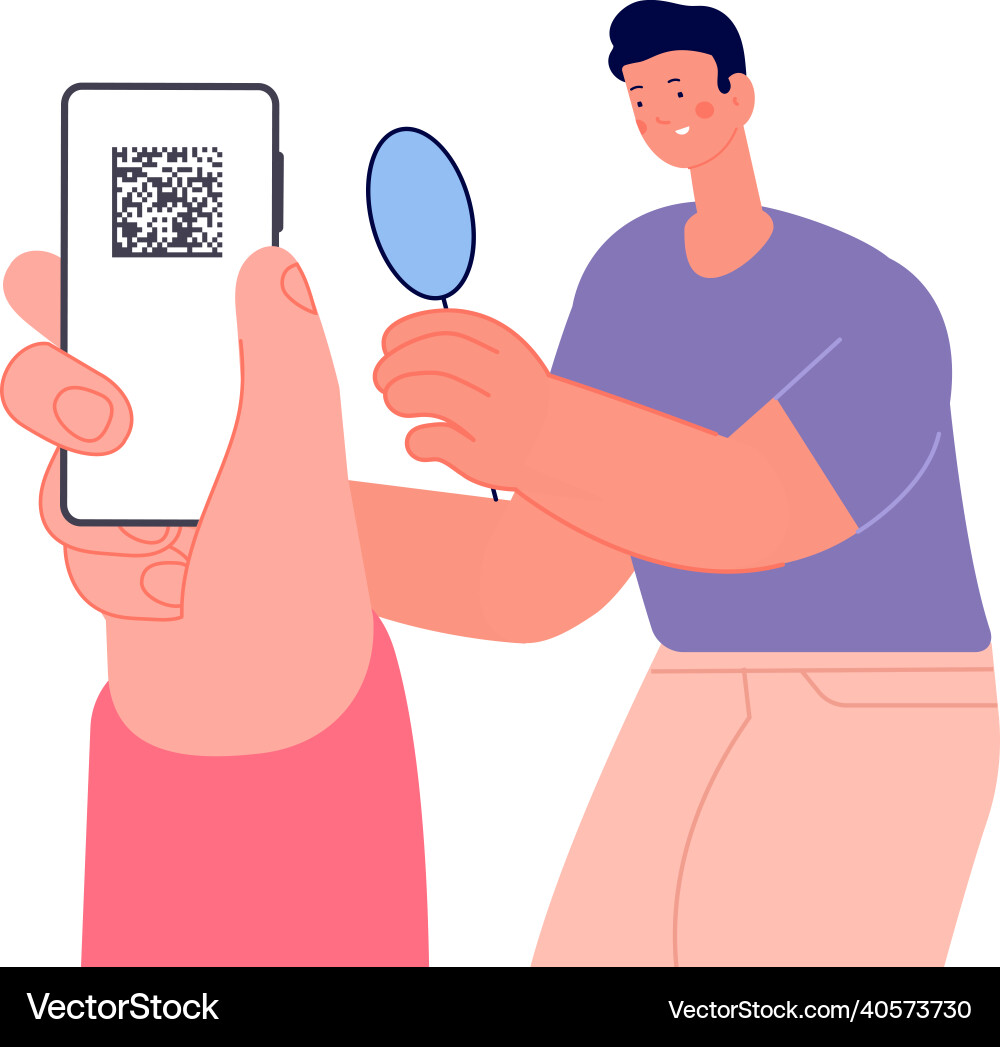 Man checks qr code on smartphone screen personal Man checks qr code on smartphone screen personal vector image
