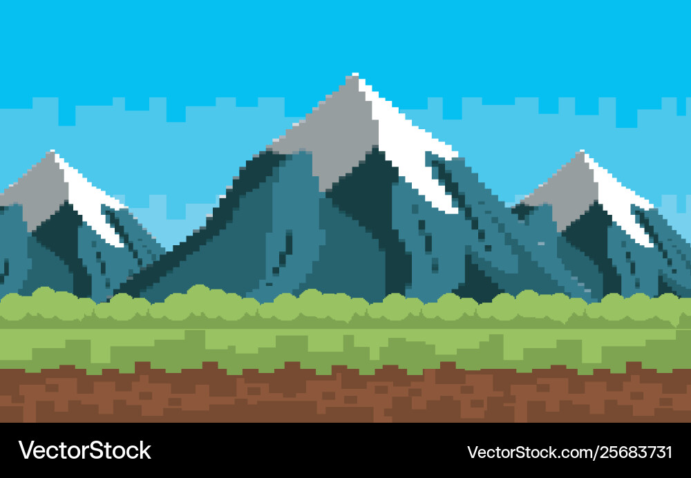 Arcade game world and pixel scene design Vector Image