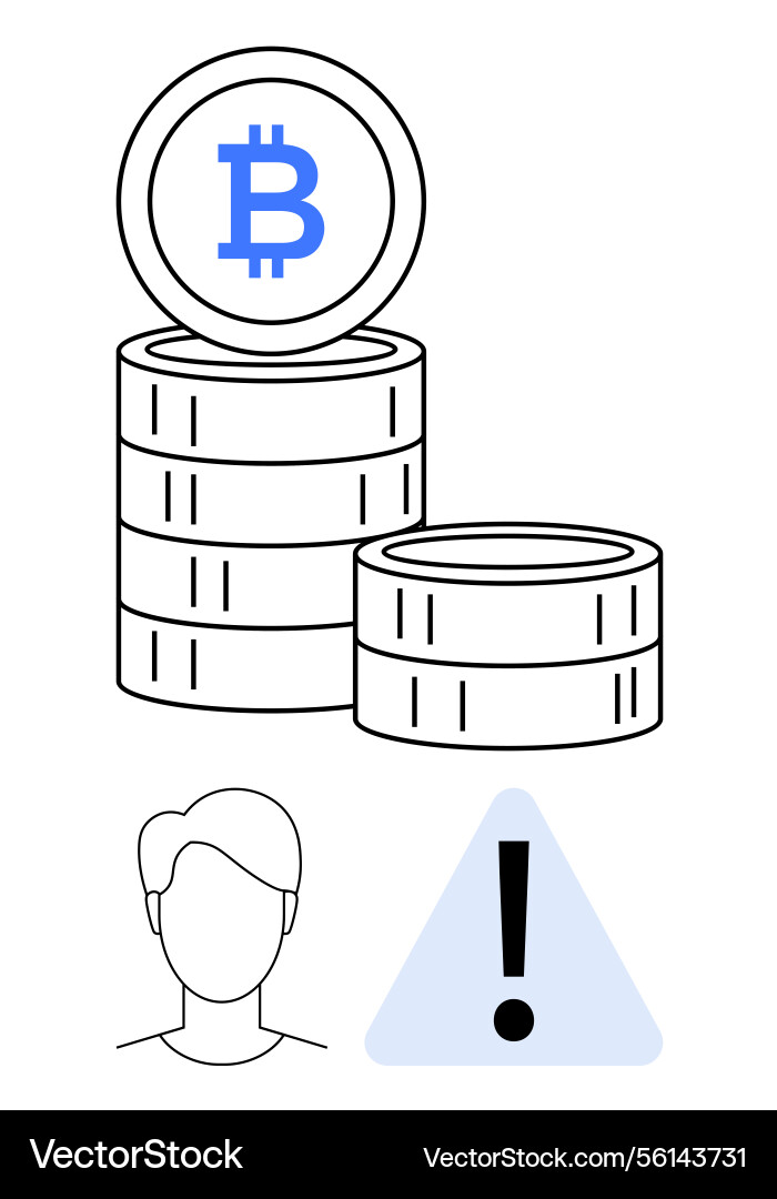 Bitcoin stacks with user silhouette and warning Bitcoin stacks with user silhouette and warning vector image