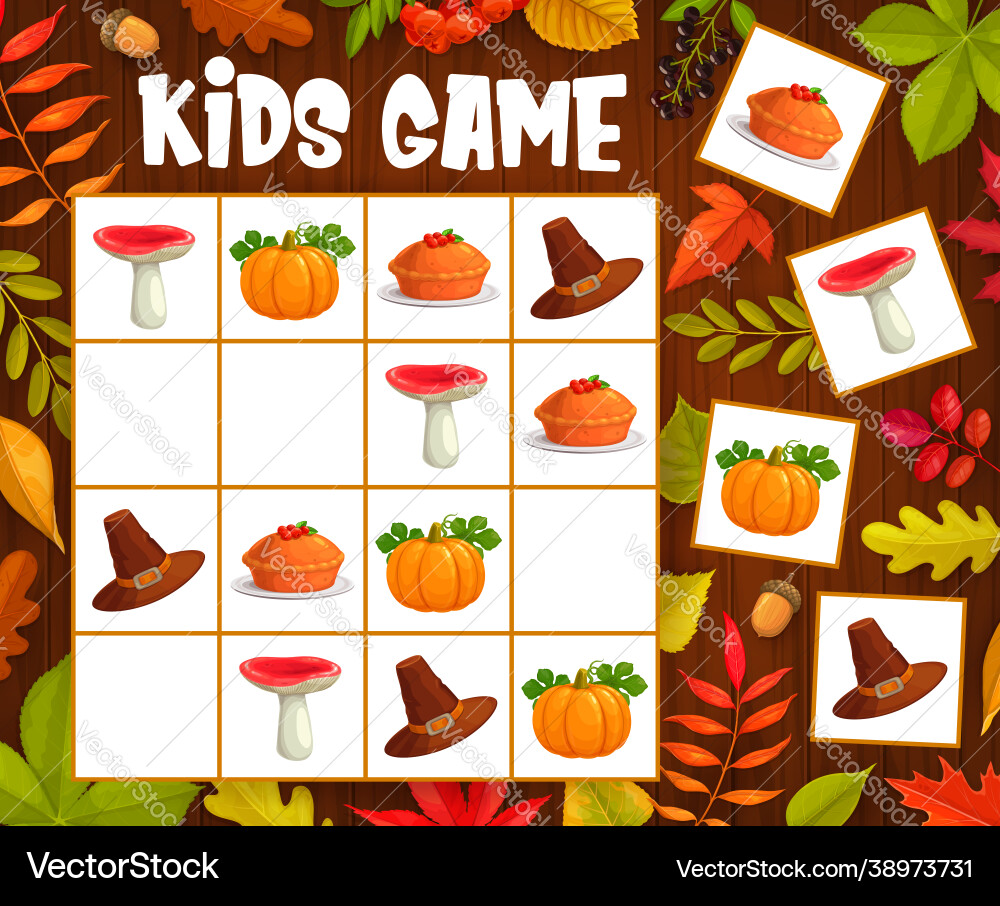 Kids sudoku game with thanksgiving autumn objects Kids sudoku game with thanksgiving autumn objects vector image