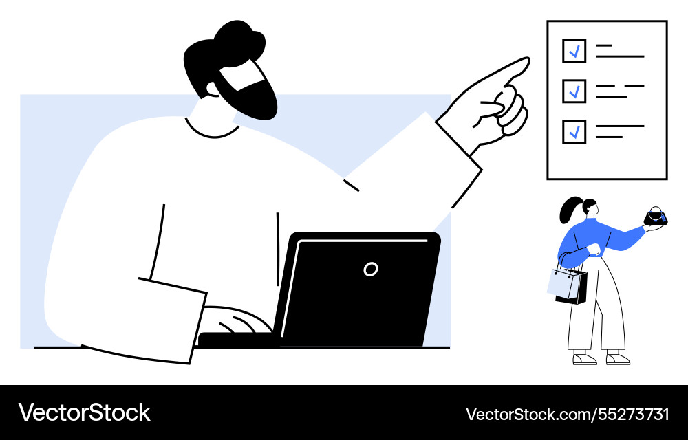 Man pointing at checklist colleague holding globe Man pointing at checklist colleague holding globe vector image