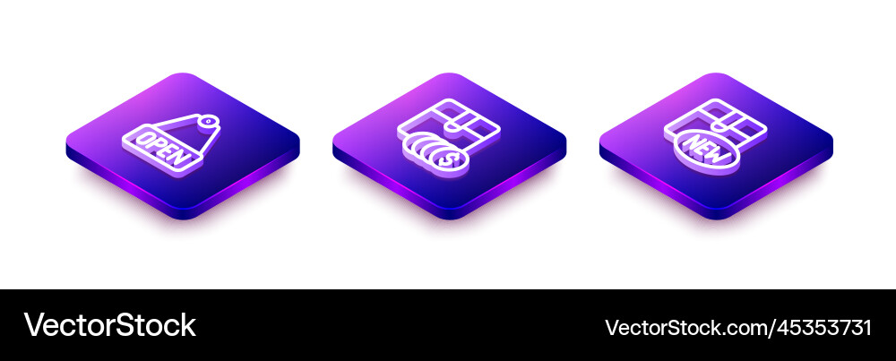 Set isometric line hanging sign with text open Set isometric line hanging sign with text open Vector Image