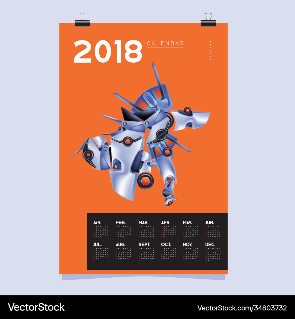2018 calendar design template 3d realistic robot 2018 calendar design template 3d realistic robot vector image