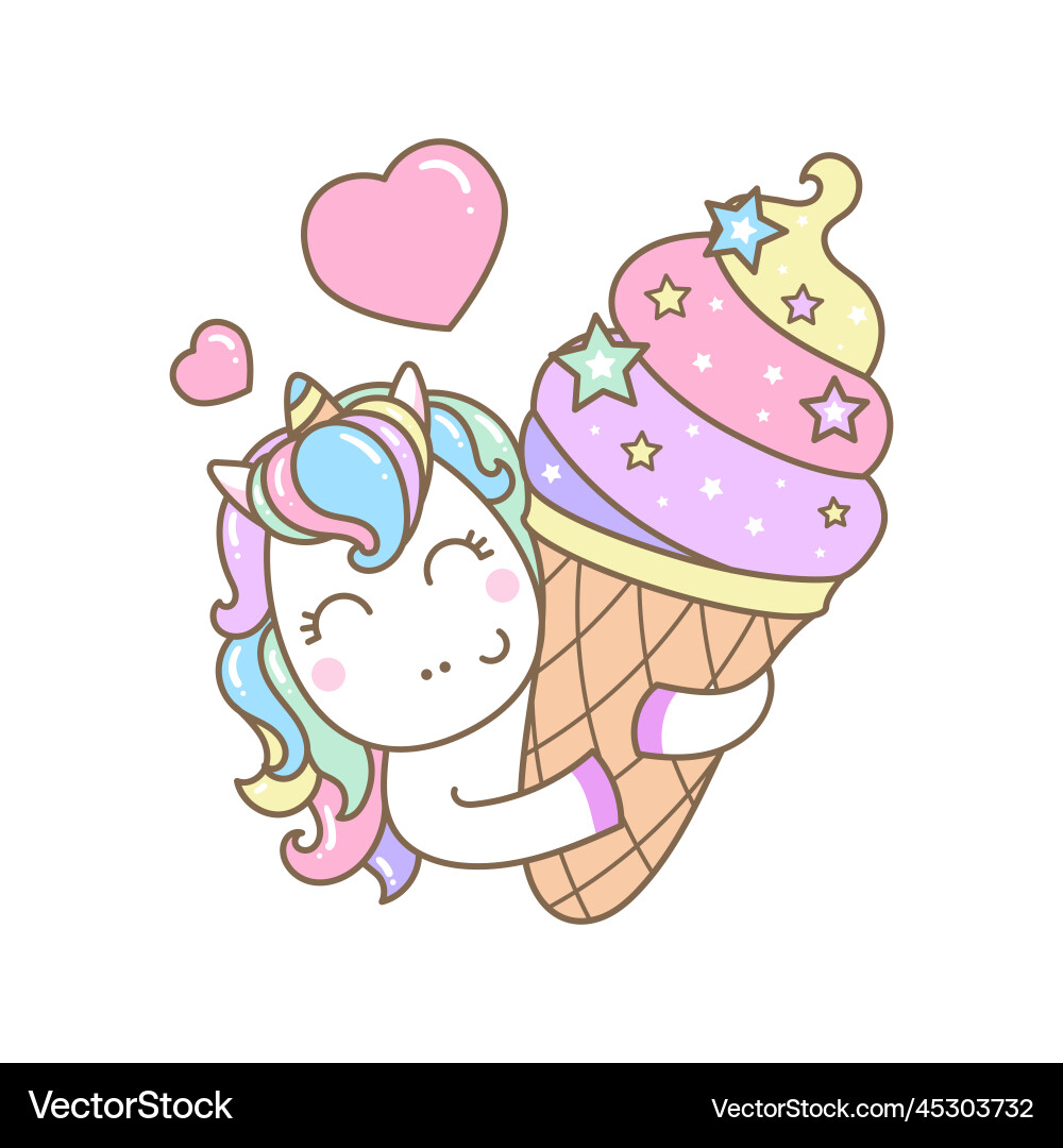 Kawaii Unicorn with Ice Cream Cone Vector Image