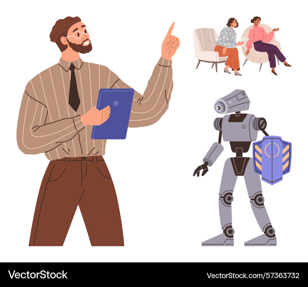 Professional pointing to futuristic robot with Professional pointing to futuristic robot with vector image
