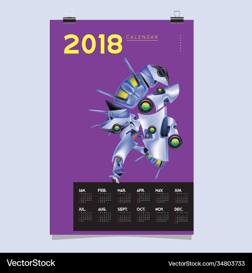 2018 calendar design template 3d realistic robot 2018 calendar design template 3d realistic robot vector image