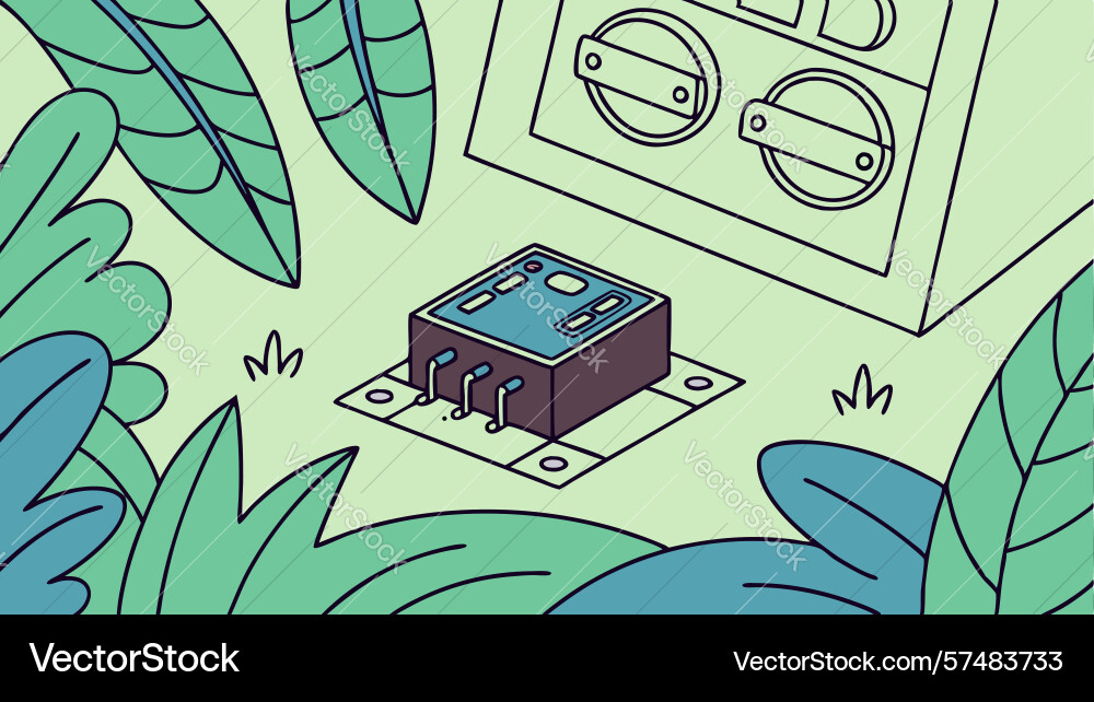 Floating block with abstract components in lush vector image