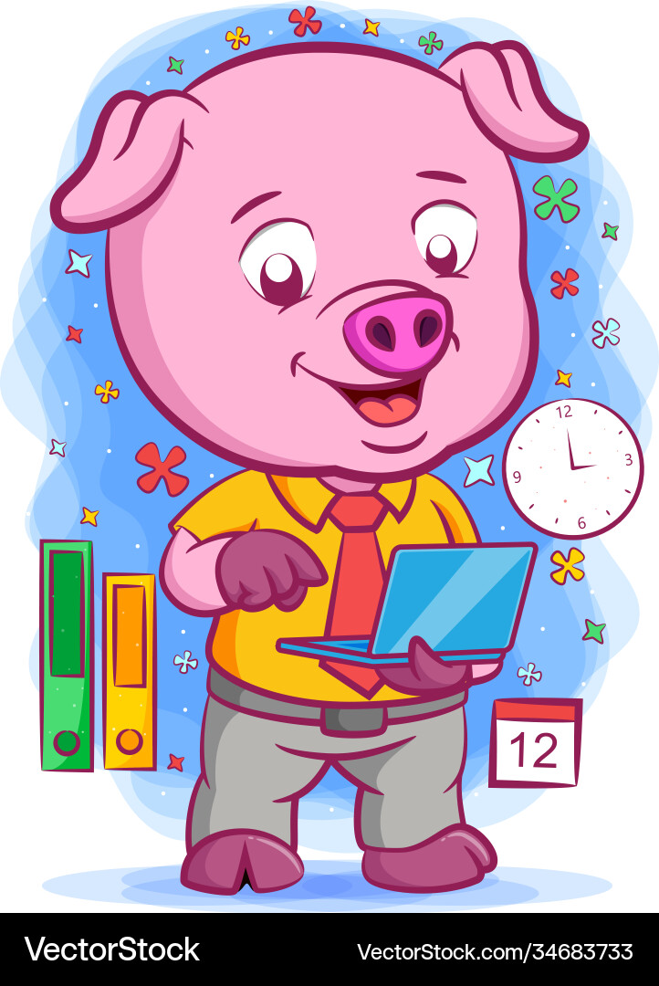 Hard worker pink pig holding blue laptop Vector Image